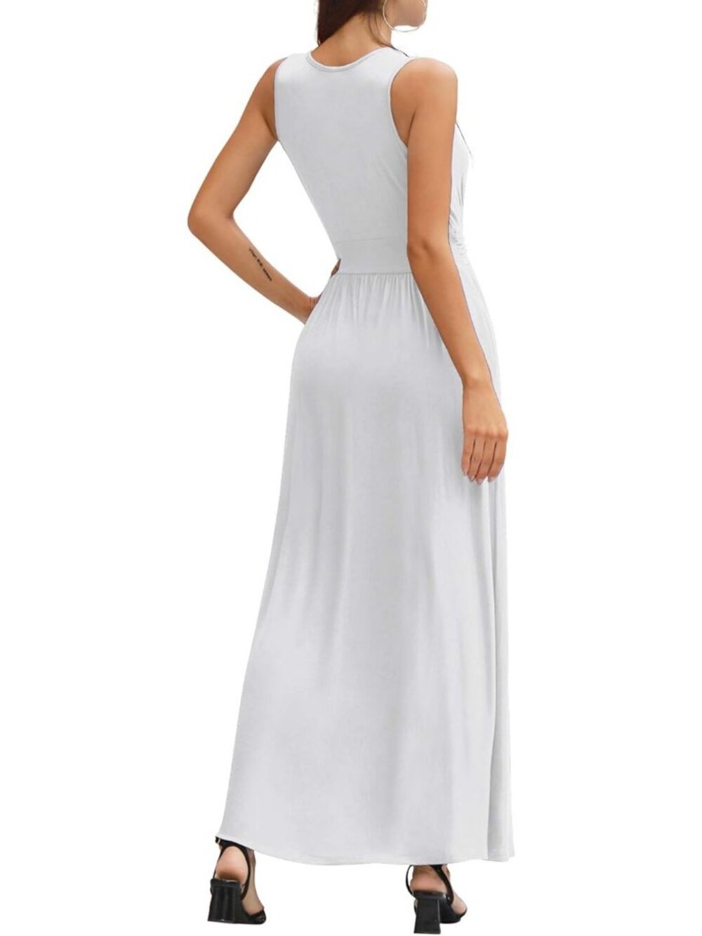 Lilbetter Women's White Sleeveless Deep Neck Loose Plain Long Maxi Casual Dress - Picture 5 of 6